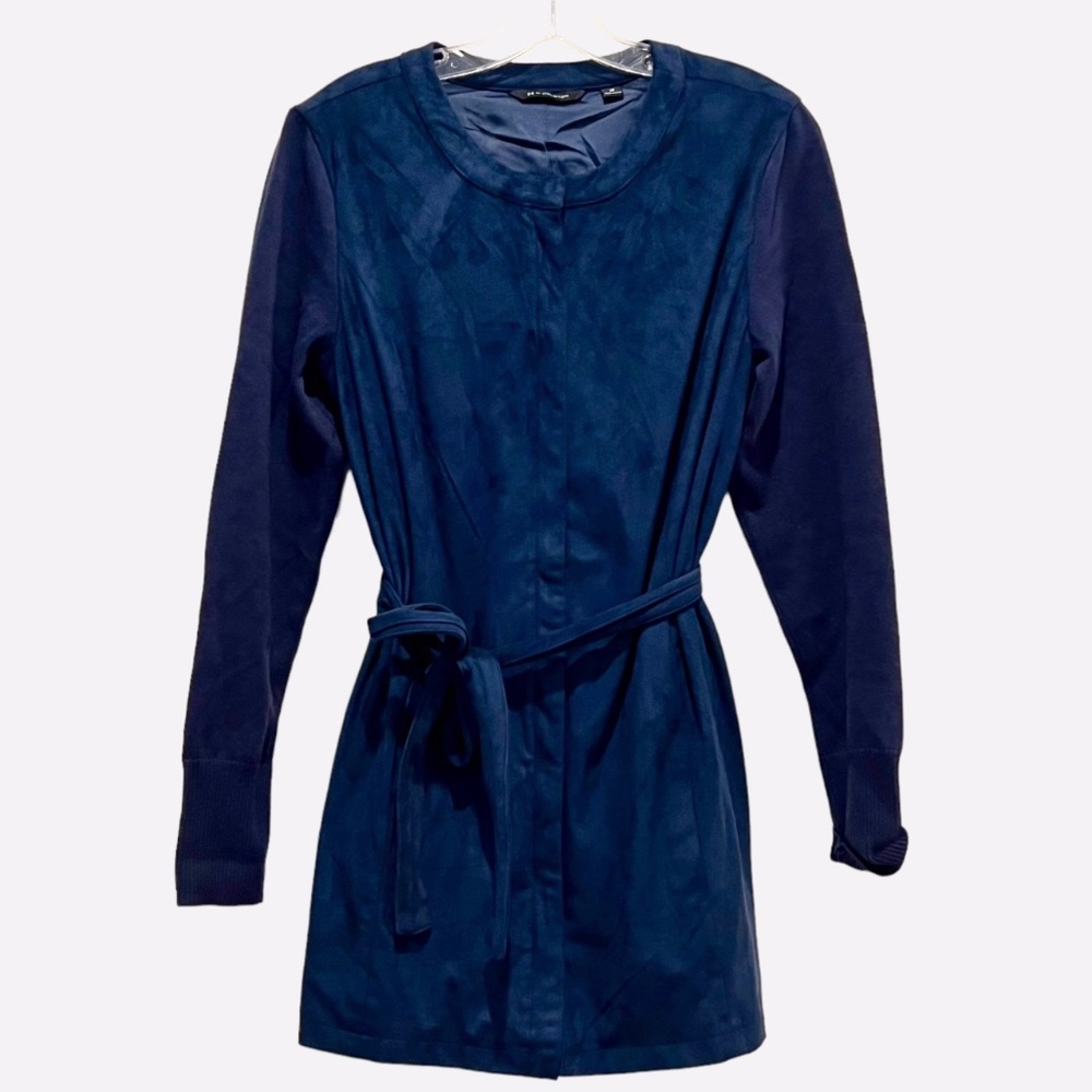 Halston Faux Suede Blue Belted Duster with Knit Arms Sz 10